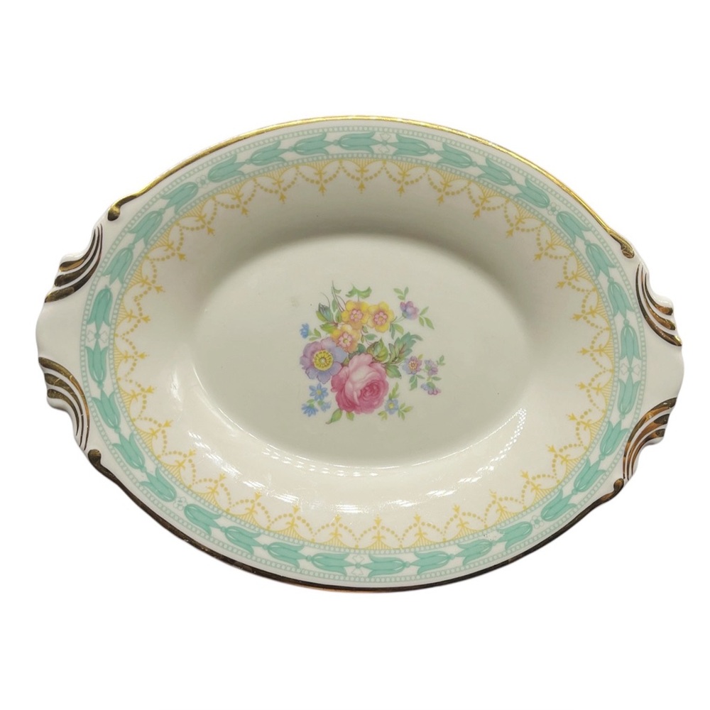 Vintage Old Ivory Syracuse China Pattern Oval Small Bowl Betsy Ross Turquoise
